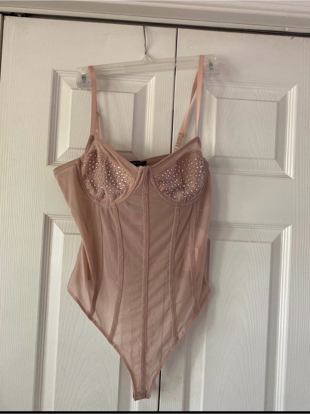 Blush Pink Rhinestone Mesh Bodysuit
